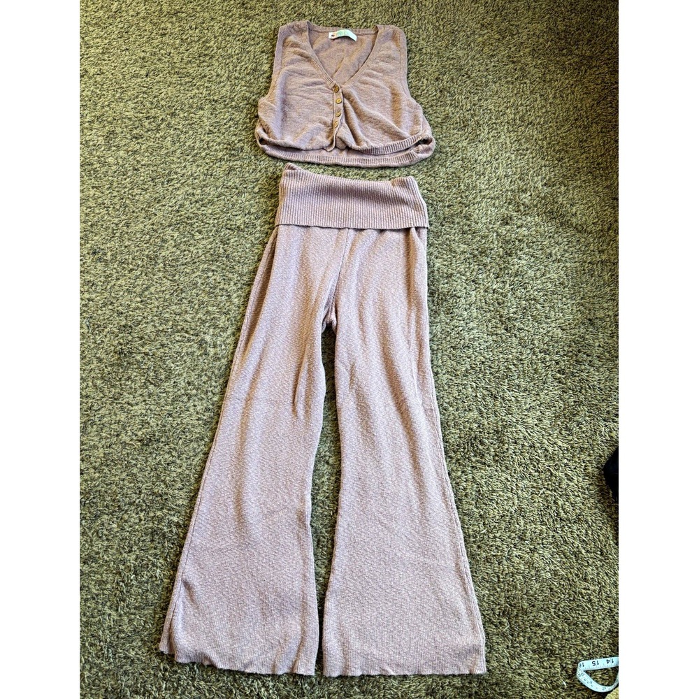 FP Beach Pink 2-Piece Knit Set S Button V-Neck Vest Wide-Leg Pants Stretch